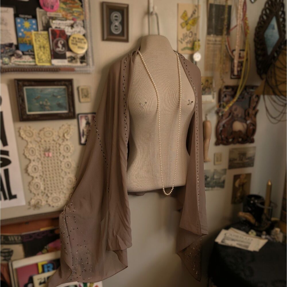 Sheer Sparkly Studded Extra Long Shawl Wrap Scarf Tan Taupe